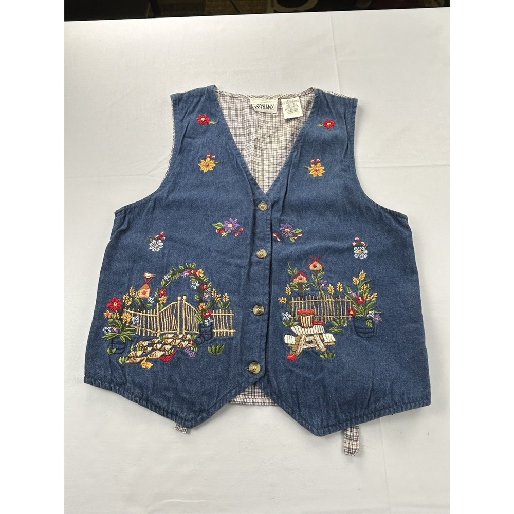 Vintage 90s Casey & Max Denim Vest S Embroidered Floral Garden Cottagecore Plaid